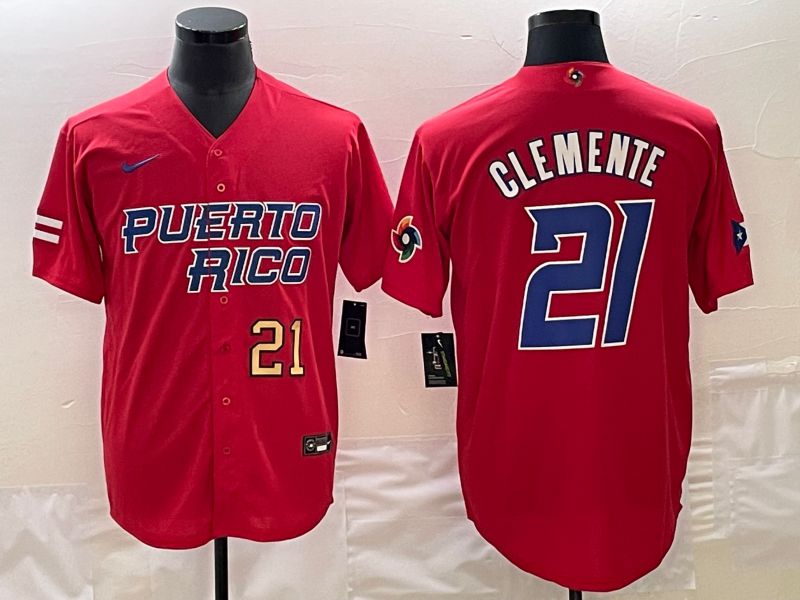 Men 2023 World Cub Puerto Rico #21 Clemente Red Nike MLB Jersey4